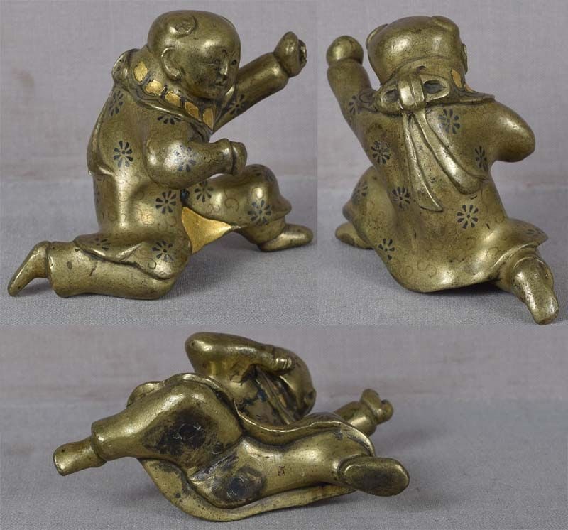 19c Japanese mixed metal SCROLL WEIGHT Chinese boy - 4