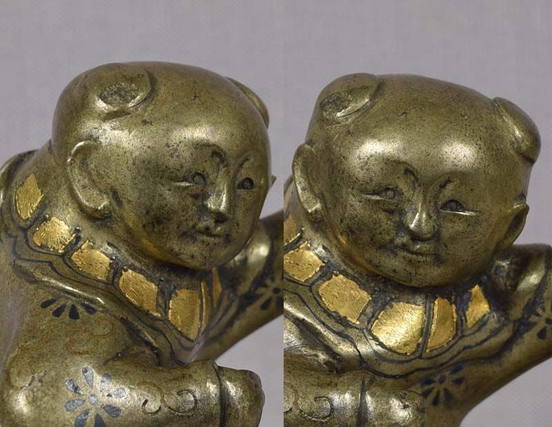 19c Japanese mixed metal SCROLL WEIGHT Chinese boy - 5