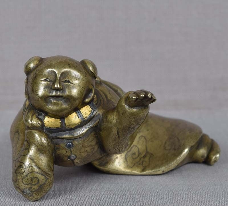 19c Japanese mixed metal SCROLL WEIGHT Chinese boy (1 of 6)