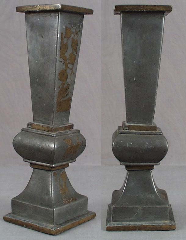 18c Chinese scholar PEWTER ALTAR VASE inlaid - 2