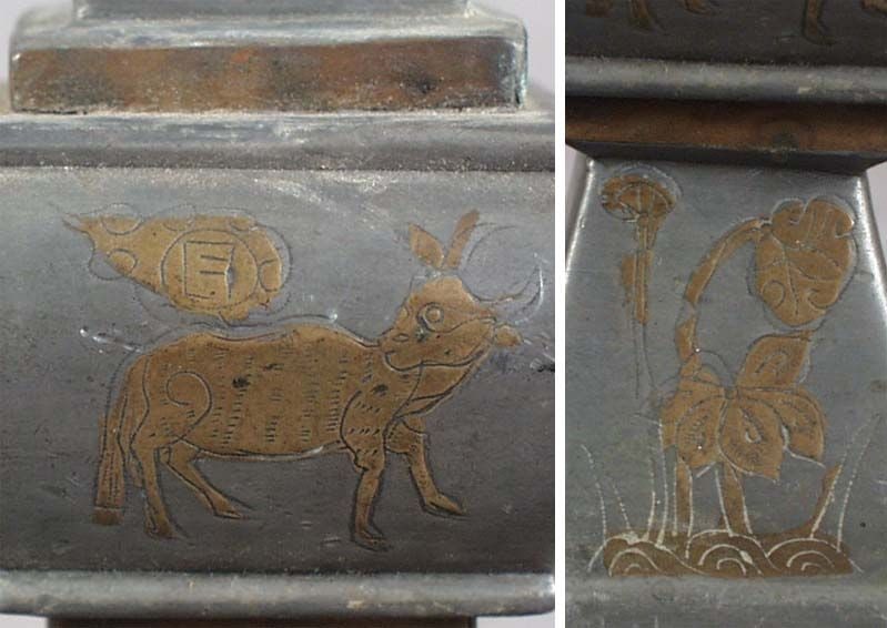 18c Chinese scholar PEWTER ALTAR VASE inlaid - 4