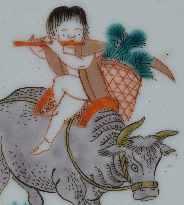 19c Japanese porcelain Imari plate BOY on BUFFALO - 2