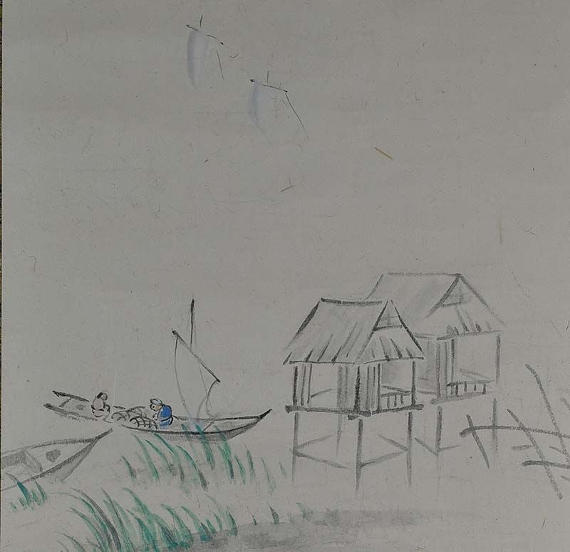 Japanese scroll painting FISHING VILLAGE with irises by SOZAN - 3