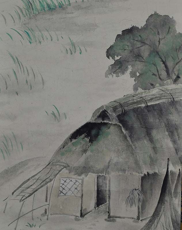 Japanese scroll painting FISHING VILLAGE with irises by SOZAN - 4