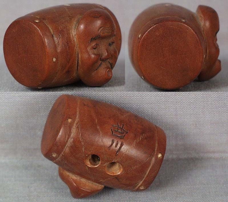 19c netsuke HYOTTOKO MASK on drum by KYOKUSEN - 2