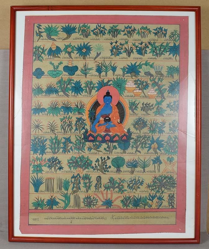 19c Tibetan painting THANGKA Buddha BHAISAJYAGURU & medicinal plants: Very unusual late 19th century Tibetan thangka of a blue skinned Buddha seated on a lotus throne wearing a monk’s robe and holding a bowl in front of him and surrounded by numerous medicinal
