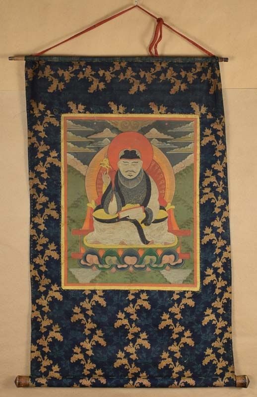 19c Tibetan / Mongolian thangka TSERENDUG The White Old Man: Early 19th century Tibetan / Mongolian thangka depicting Tserendug - the White Old Man - Lord of the earth and water, protector of all living things. Rare icon, Tserendug as the patron of the plant