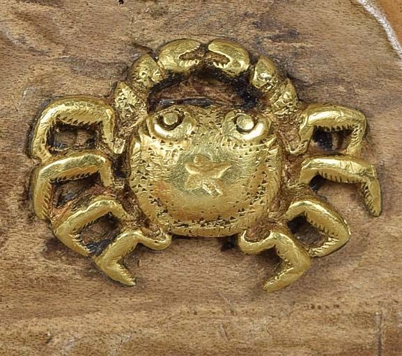 19c netsuke gilded CRAB on driftwood - 2