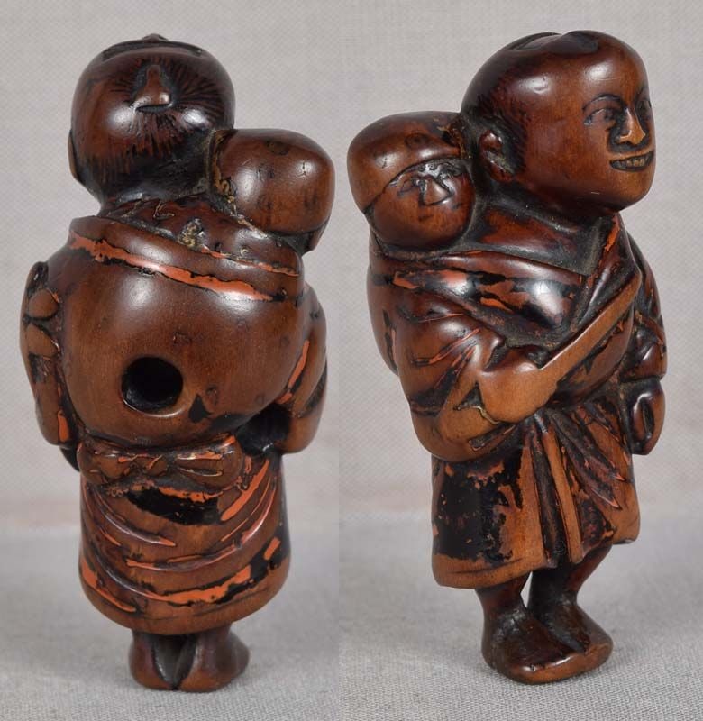 Early 19c Negoro lacquer netsuke MAN boy DRAGONFLY - 3