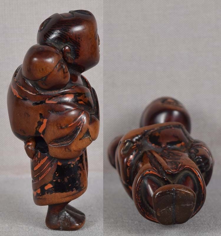 Early 19c Negoro lacquer netsuke MAN boy DRAGONFLY - 4
