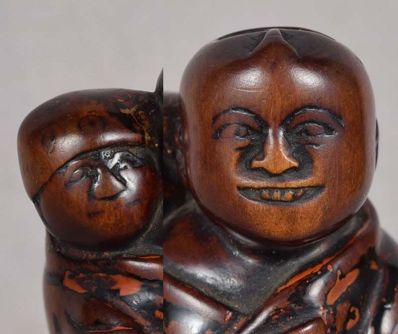 Early 19c Negoro lacquer netsuke MAN boy DRAGONFLY - 5