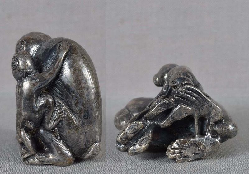 Vintage silver netsuke MONKEY with 2 young - 4