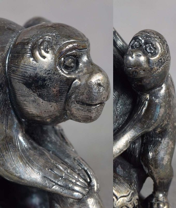 Vintage silver netsuke MONKEY with 2 young - 6