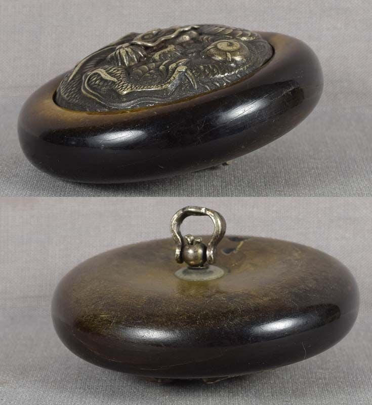 19c Japanese bronze & buffalo horn netsuke DRAGON & Precious Gem - 2