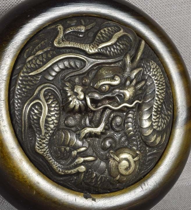 19c Japanese bronze & buffalo horn netsuke DRAGON & Precious Gem - 3