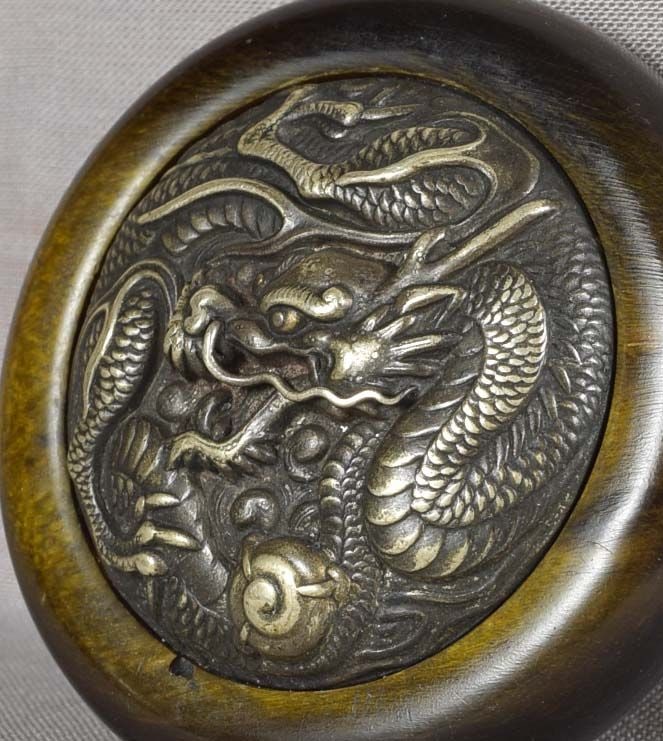 19c Japanese bronze & buffalo horn netsuke DRAGON & Precious Gem - 4