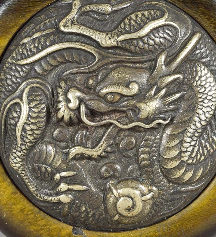 19c Japanese bronze & buffalo horn netsuke DRAGON & Precious Gem - 6