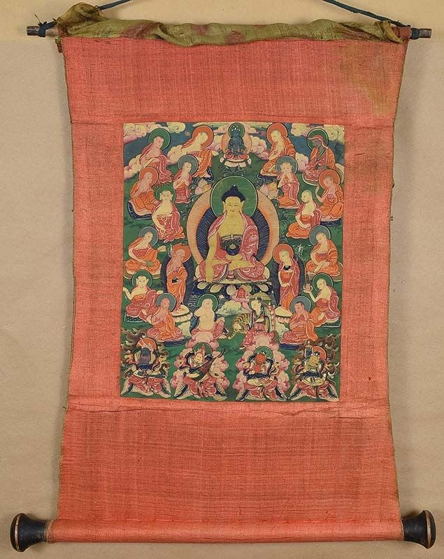 Early 19c Tibetan thangka SHAKYAMUNI with disciples & KINGS (1 of 6)