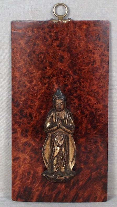 18/19c Japanese lacquer BODDHISATTVA: Late 18th to early 19th century Japanese lacquered wood Boddhisattva with his hands in praying attitude, mounted on burlwood plaque. Wonderful beatific face, quiet dignity in its posture, old nicks