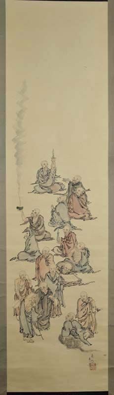 Japanese scroll painting 16 RAKAN disciples of Buddha by HIROKAMI: Late Meiji (1900s - 1910s) Japanese scroll painting in ink and colors on paper depicting 16 arhat - the original disciples of the historical Buddha - in different attitudes, most of them recognizable