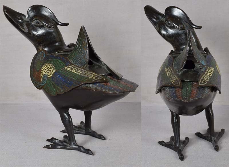 19c Chinese bronze champleve DUCK INCENSE BURNER - 2
