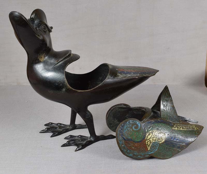 19c Chinese bronze champleve DUCK INCENSE BURNER - 3