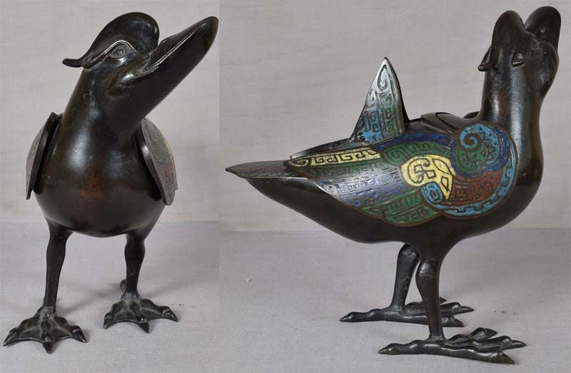19c Chinese bronze champleve DUCK INCENSE BURNER - 4