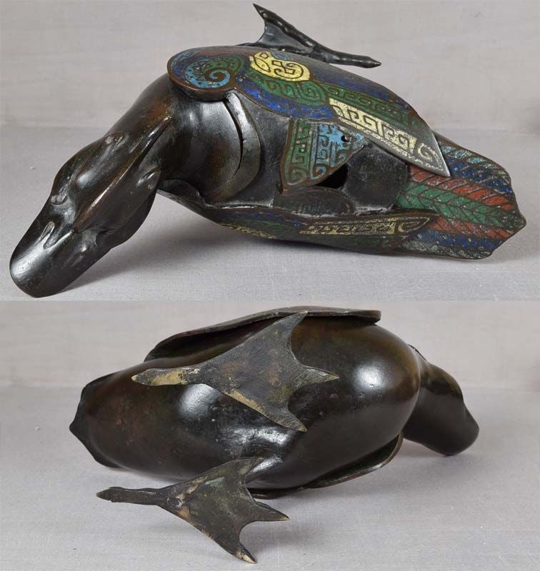 19c Chinese bronze champleve DUCK INCENSE BURNER - 5