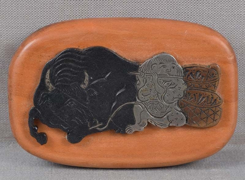 19c netsuke mixed metal BOY & buffalo - 2