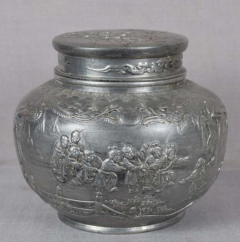 19c Chinese pewter TEA CADDY children at play (1 of 6)