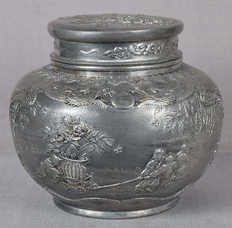 19c Chinese pewter TEA CADDY children at play - 2