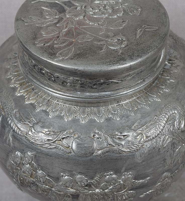 19c Chinese pewter TEA CADDY children at play - 3