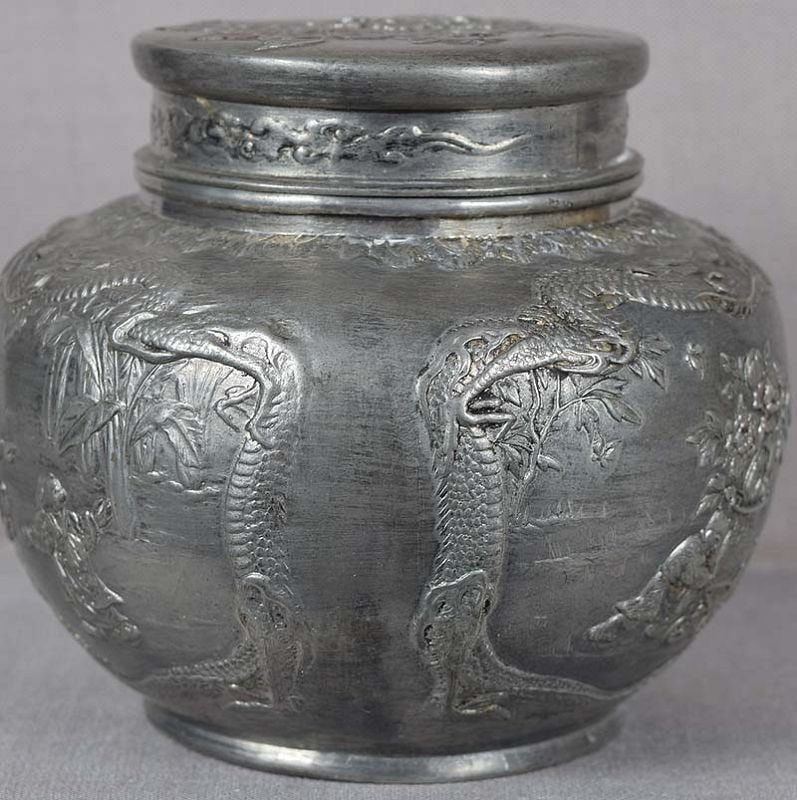 19c Chinese pewter TEA CADDY children at play - 4