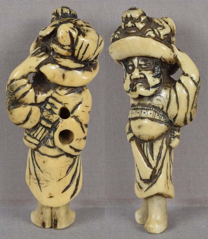 18c staghorn netsuke SHOKI with ONI & sword 10 cm - 2