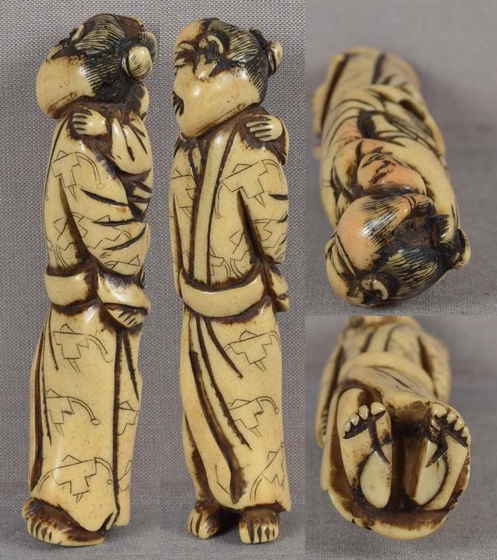 Early 19c staghorn netsuke FATHER & SON, SCARECROW robe - 4