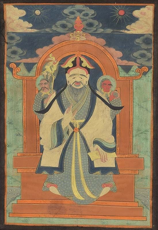19c Tibetan / Mongolian thangka TSERENDUG The White Old Man: Early 19th century Tibetan / Mongolian thangka in original mounts depicting Tserendug - the White Old Man - Lord of the earth and water, protector of all living things. Rare icon, Tserendug as the