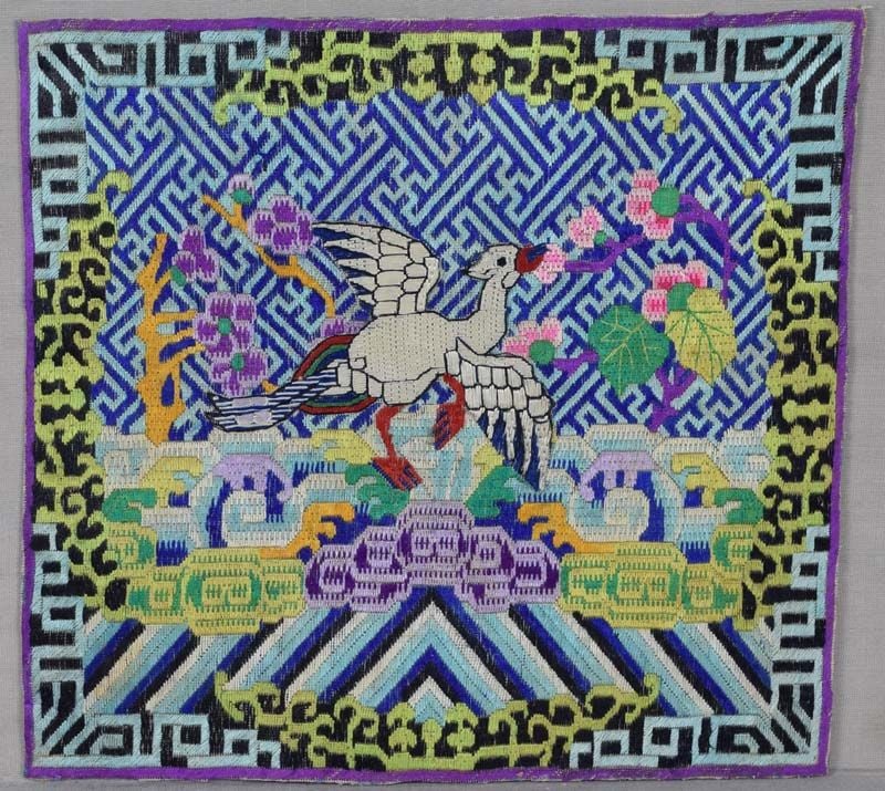 19c Chinese textile 5th RANK BADGE mandarin square: 19th century Chinese textile rank badge (also called mandarin square) denoting the fifth civil rank symbolized by the bird on the badge - the Silver Pheasant. The bird is embroidered on separate