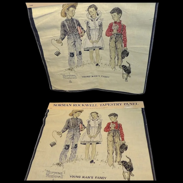 Norman Rockwell Tapestry Panel by Oakhurst Textiles Inc.: This pair Norman Rockwell Tapestry Panel by Oakhurst Textiles Inc. is NOS and may be used for pillows, framing, wall hangings, wearable art. Sold as a matched pair for pillows. This would be a unique