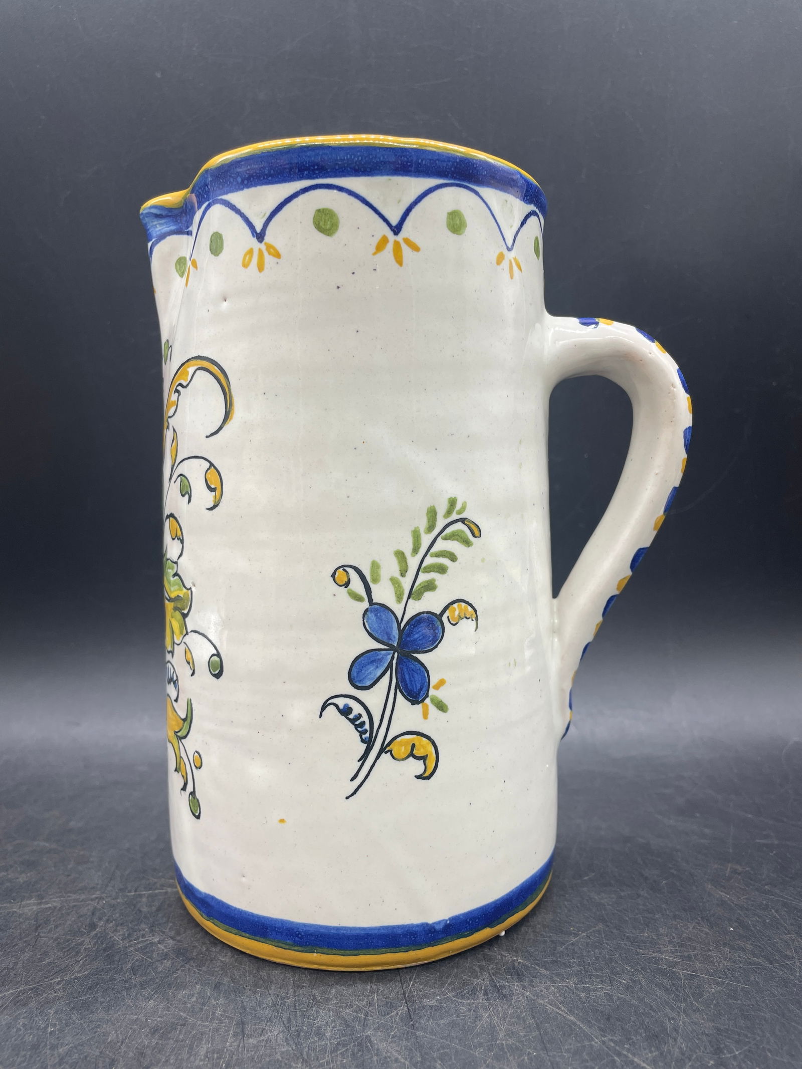 Beautiful Faience Pottery Pitcher Jug 6 Cups Signed Art Pottery - 8