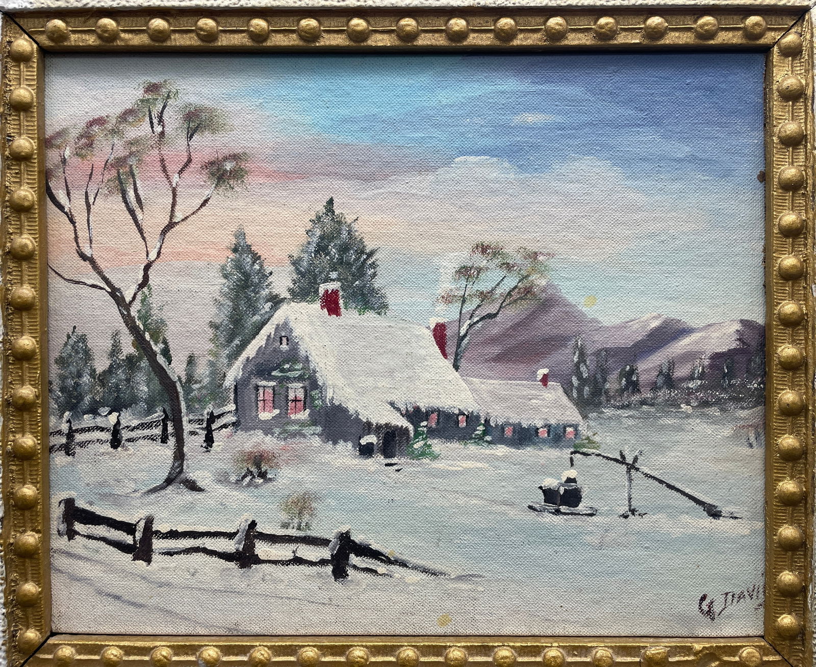 Original Signed G. Davis Folk Art Painting Winter Landscape Exquisite Frame 17" - 2