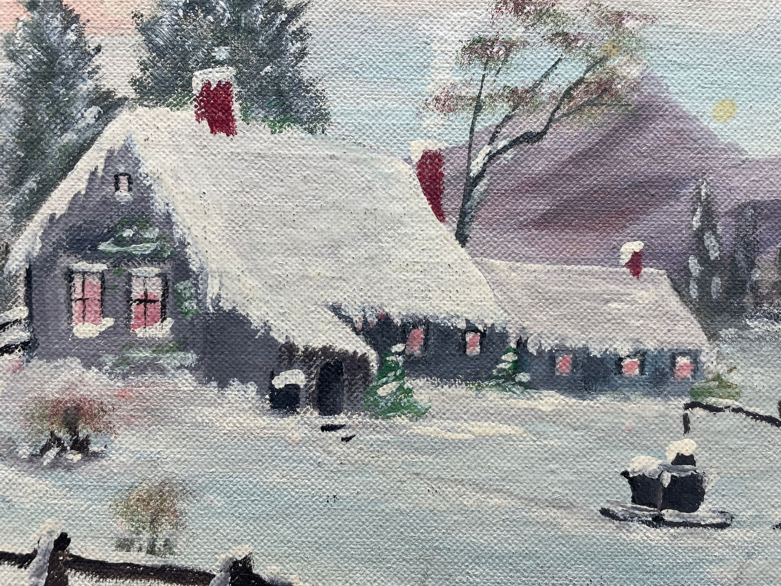 Original Signed G. Davis Folk Art Painting Winter Landscape Exquisite Frame 17" - 3