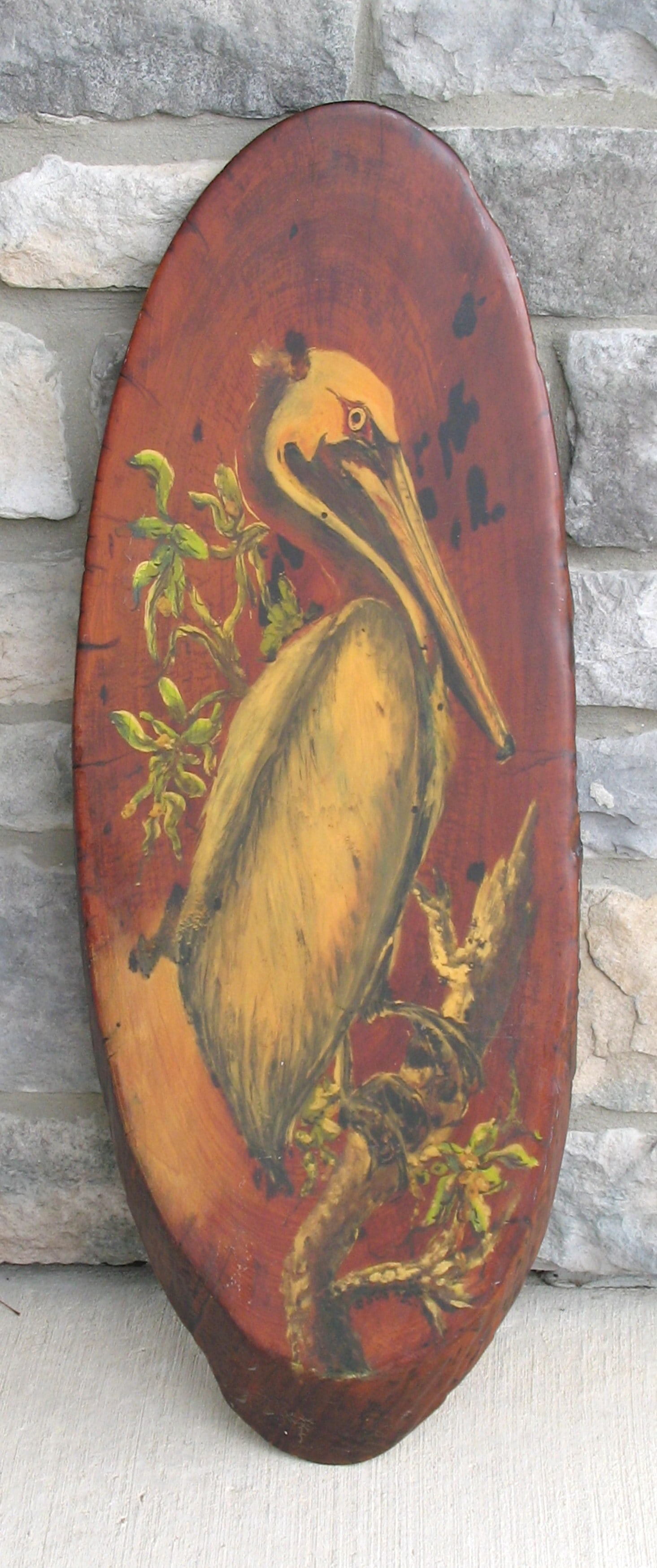 Vintage folk art Florida tourist painting of a Pelican.: Title: Vintage folk art Florida tourist painting of a Pelican.Date/Period: 1950'sDimension: 30” x 11” x 2” thickAdditional Information: Nice vintage folk art oil painting of a