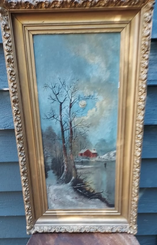 oil painting On Board Moonlight Walk On Ice 19th Century.: Great looking piece in excellent condition. Super looking frame and scene, Winter night and area is lit by the Moon. Measures 9 1/2 x 21" without frame and 14 x 26" total. Shipping charges include