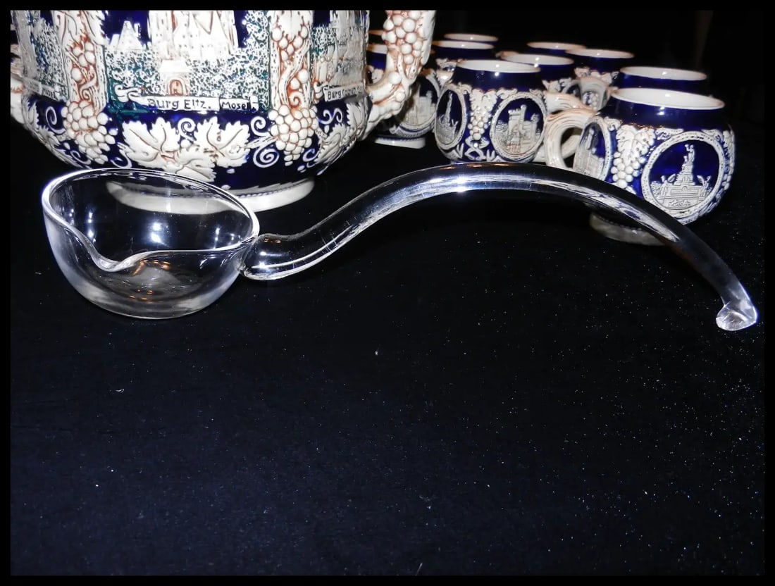 Vintage Marzi & Remy German Stoneware Tureen / Punch Bowl –20 Cups and Glass Ladle - 16