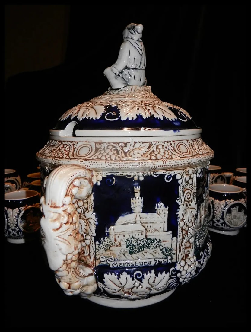 Vintage Marzi & Remy German Stoneware Tureen / Punch Bowl –20 Cups and Glass Ladle - 3