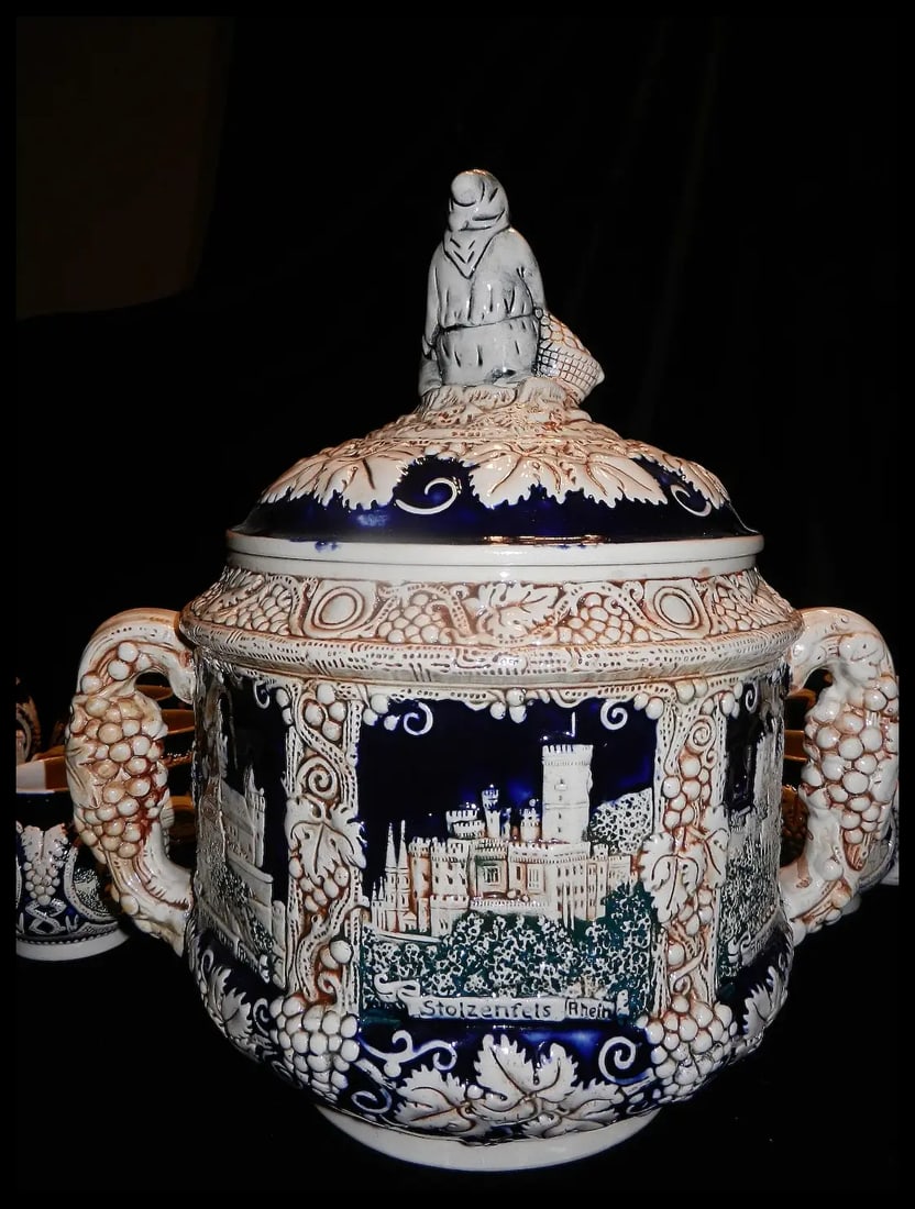 Vintage Marzi & Remy German Stoneware Tureen / Punch Bowl –20 Cups and Glass Ladle - 4