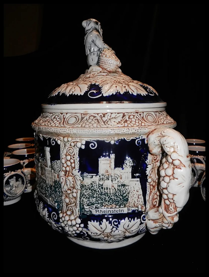 Vintage Marzi & Remy German Stoneware Tureen / Punch Bowl –20 Cups and Glass Ladle - 5