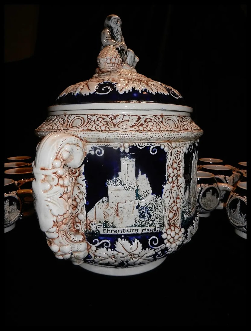 Vintage Marzi & Remy German Stoneware Tureen / Punch Bowl –20 Cups and Glass Ladle - 6