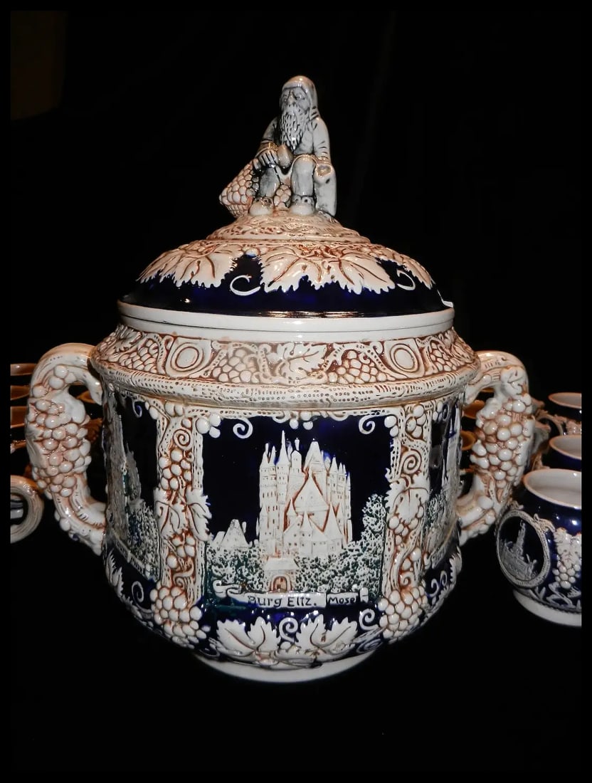 Vintage Marzi & Remy German Stoneware Tureen / Punch Bowl –20 Cups and Glass Ladle - 7