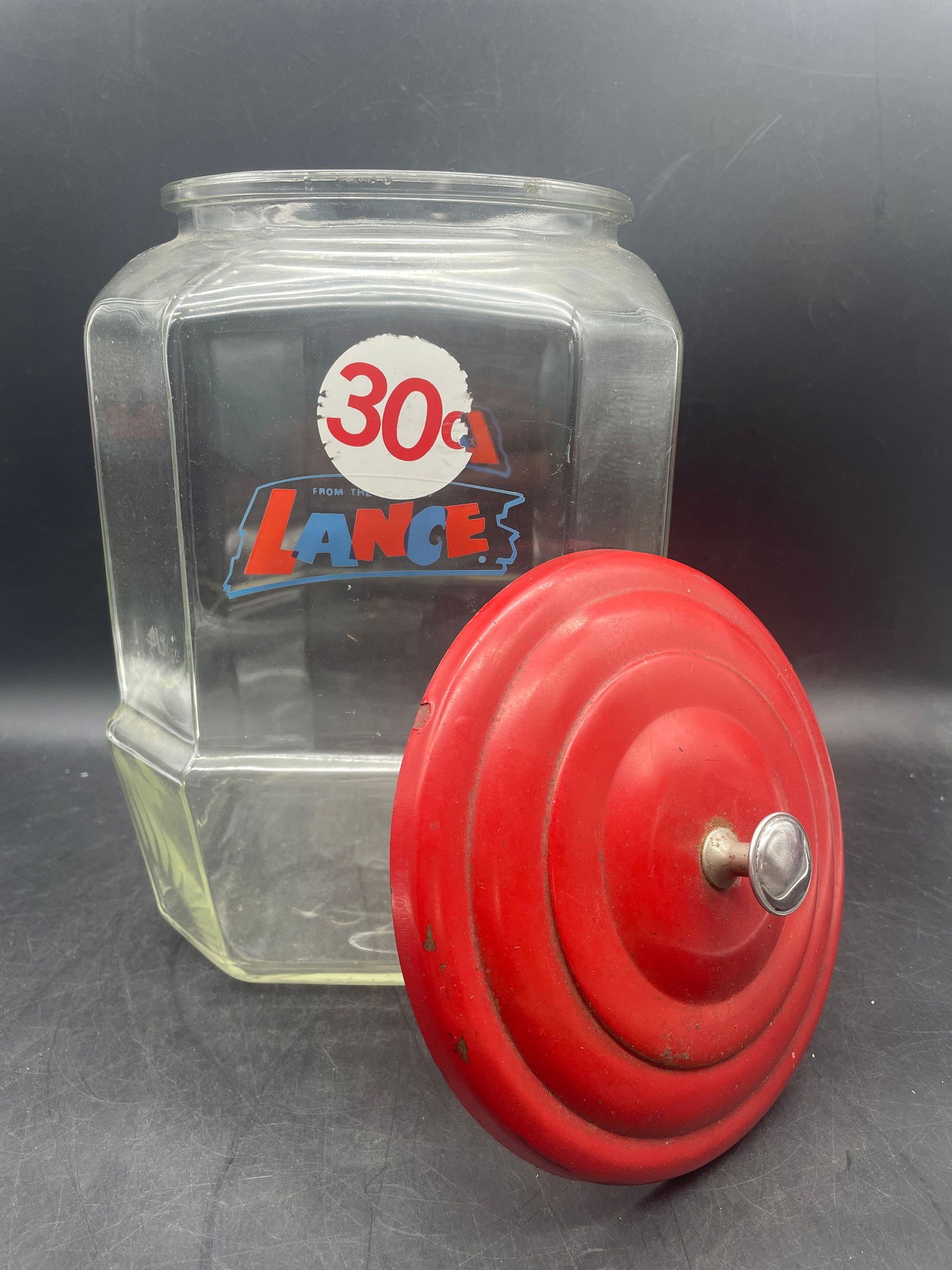 Vintage 8-Sided Lance Glass Display Counter Cookie Cracker Jar w/ Red Metal Lid - 2